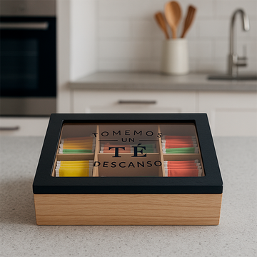 Caja organizador de Té de madera y vidrio 6 compartimentos