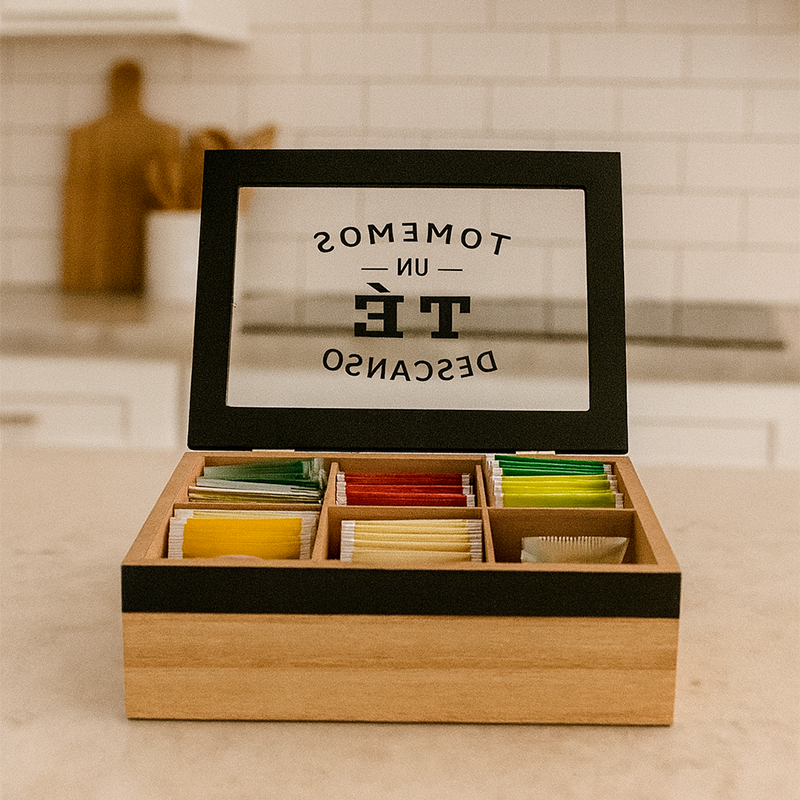 Caja organizador de Té de madera y vidrio 6 compartimentos