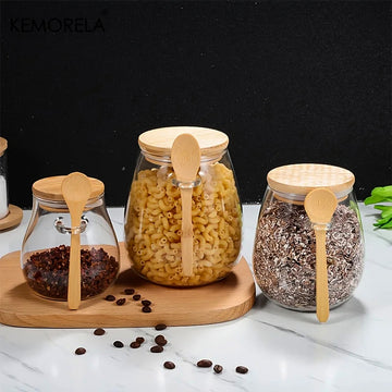 Frasco de Vidrio con Tapa de Bambú y Cuchara