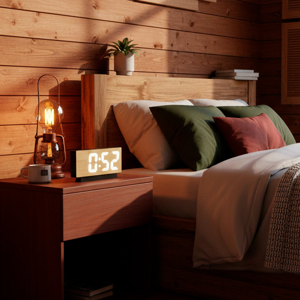 Reloj LED digital acabado en madera