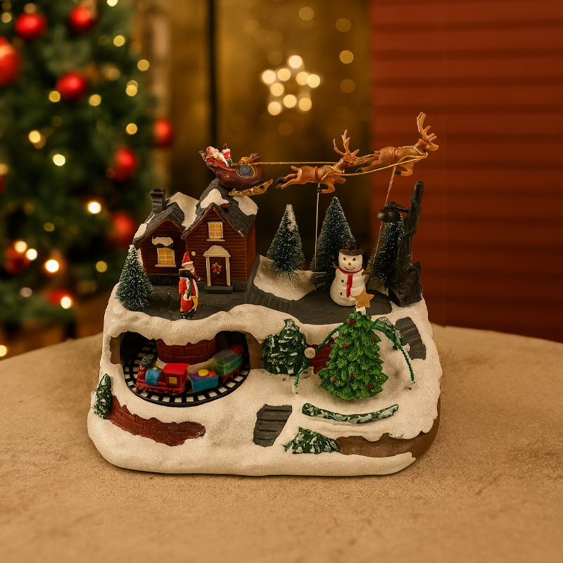 Villa navideña con tren y trineo de santa