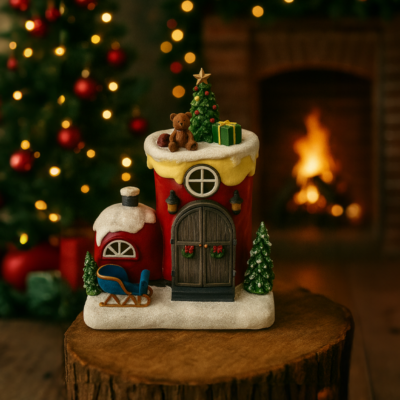 Villa navideña con trineo y oso decorativo