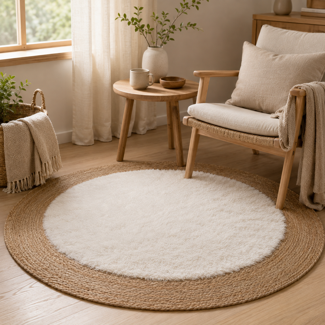 Alfombra Redonda de Fibra Natural con Centro Peludo – 120 cm