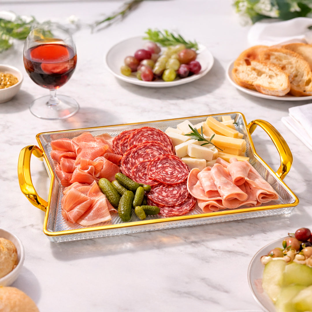 Bandeja Rectangular Decorativa con Asas Doradas