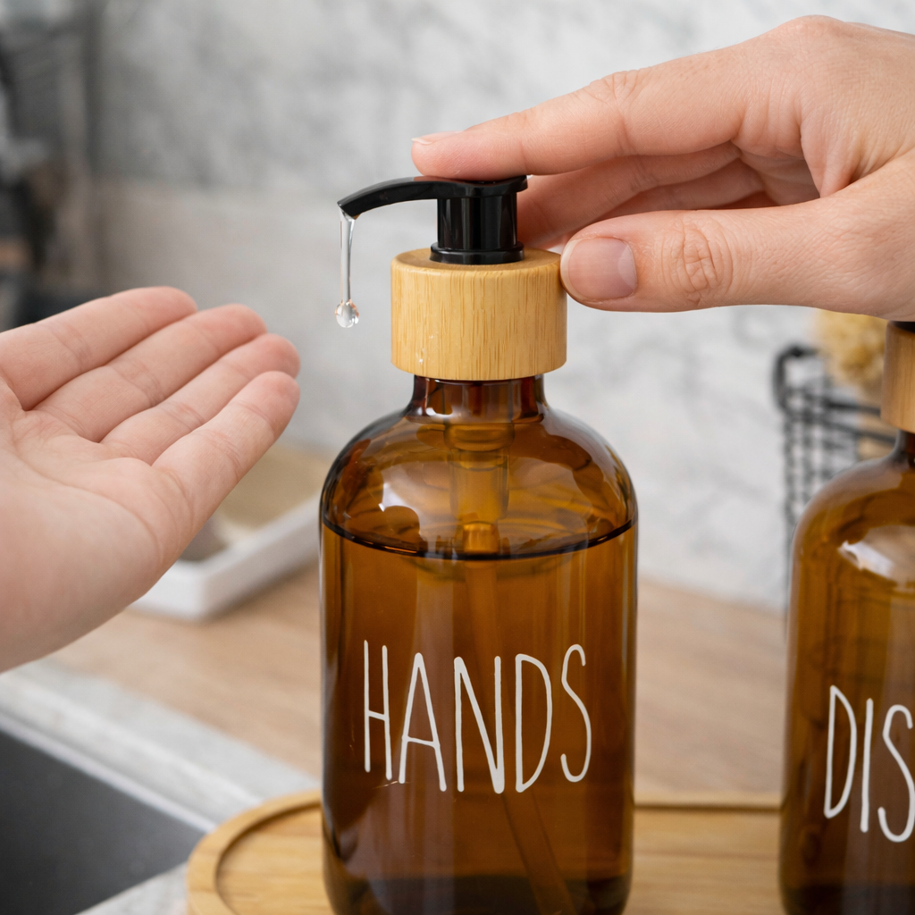 Dispensador Doble de Vidrio Ámbar con Base