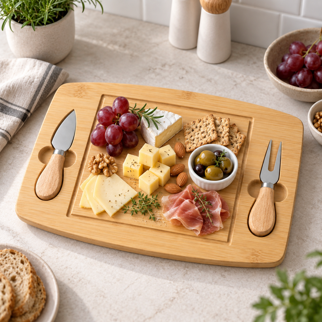 Tabla para Aperitivos de Bambú con Utensilios