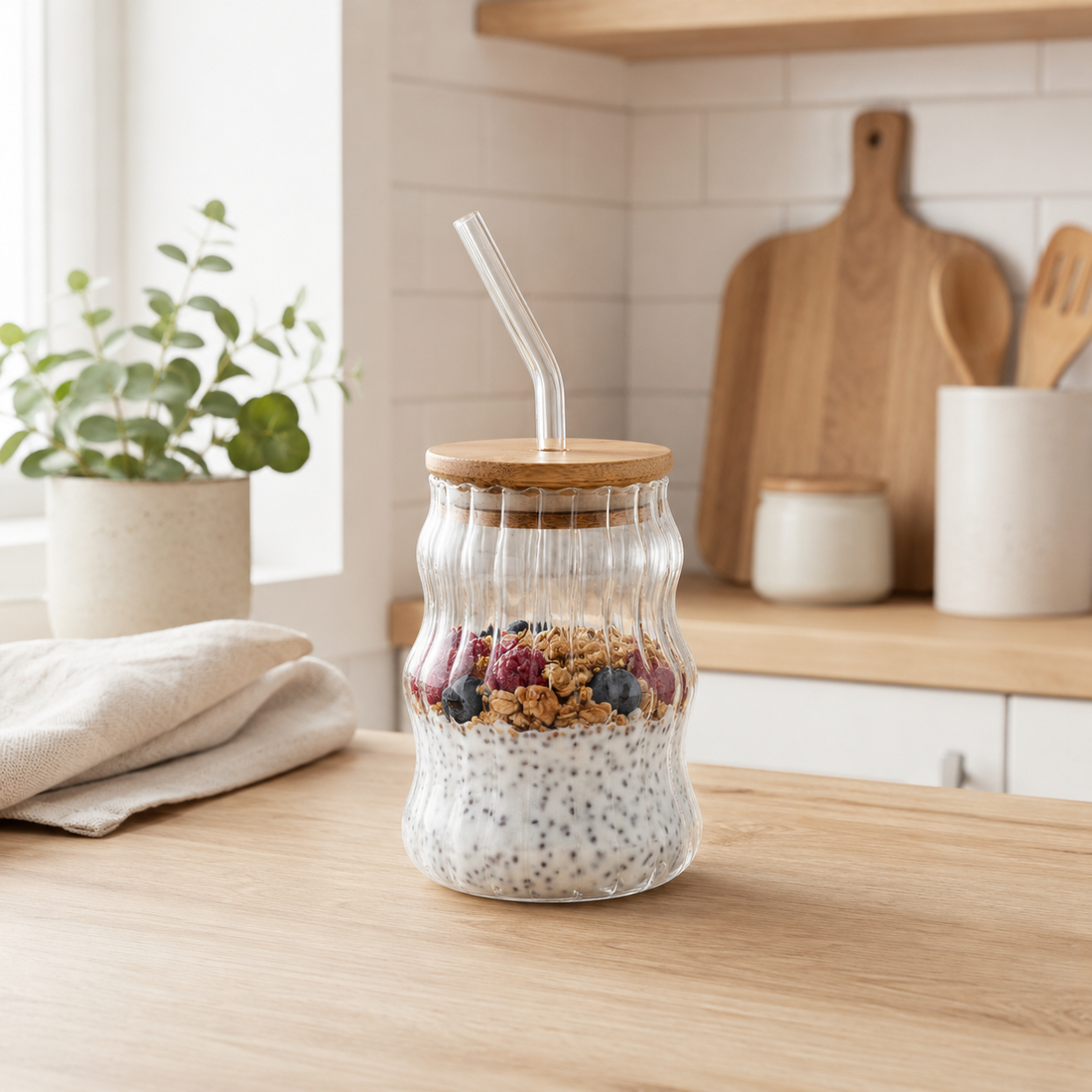 Vaso de Vidrio Borosilicato con tapa de bambú y sorbete 500ml