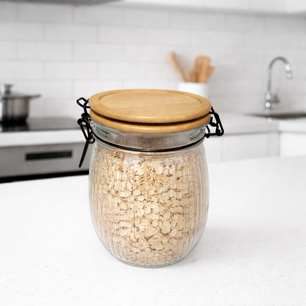 Frasco hermético de vidrio con tapa de bambú