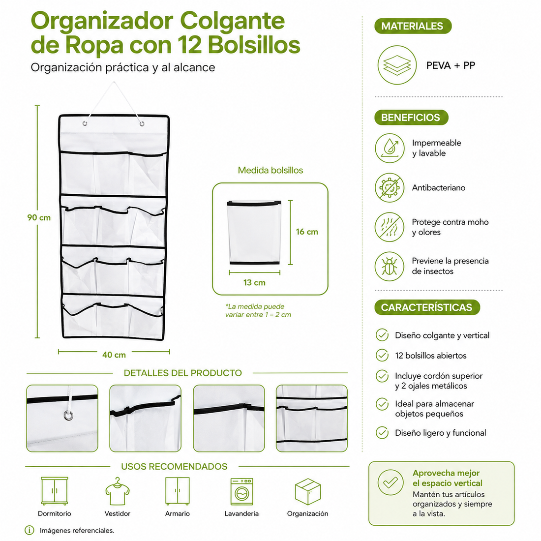 Organizador Colgante de Ropa con 12 Bolsillos