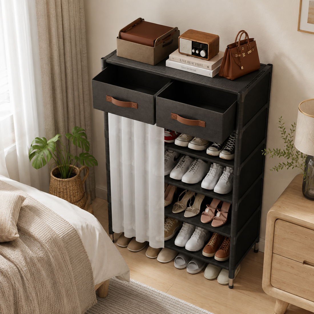 Zapatero Organizador con 2 Cajones y Cortina
