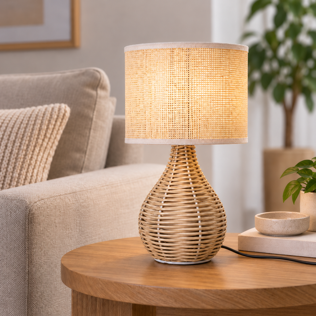 Lámpara de Mesa de Mimbre Beige