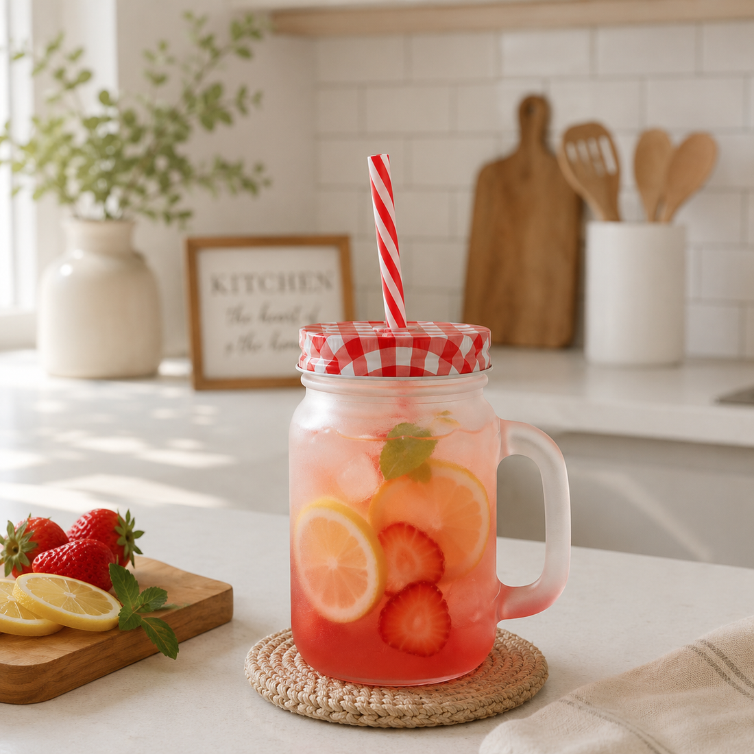 Vaso Mug de Vidrio Esmerilado con tapa y Cañita