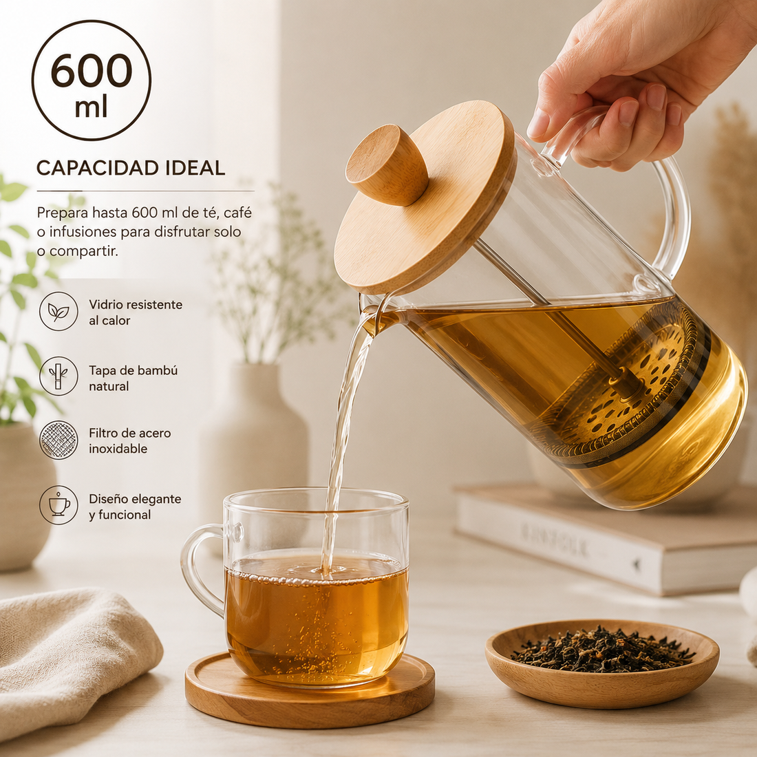 Prensa Francesa de Vidrio con Tapa de Bambú