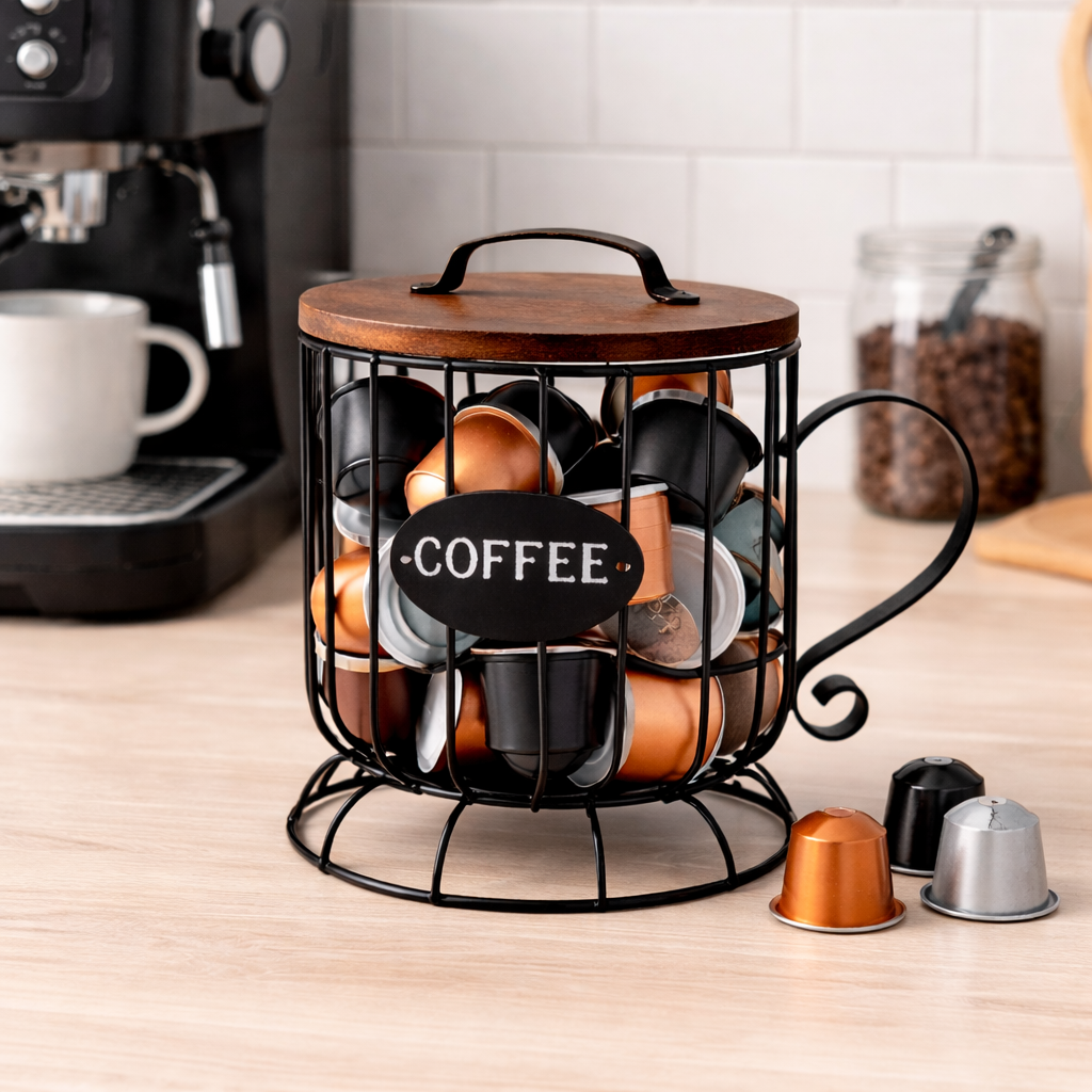 Organizador de Cápsulas de Café con Tapa de Madera