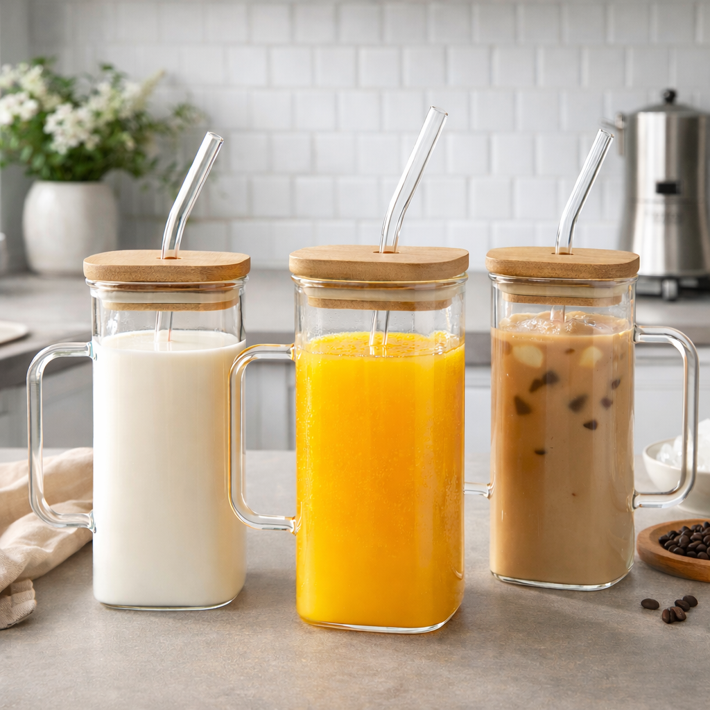 Vaso de Vidrio con Tapa de Bambú