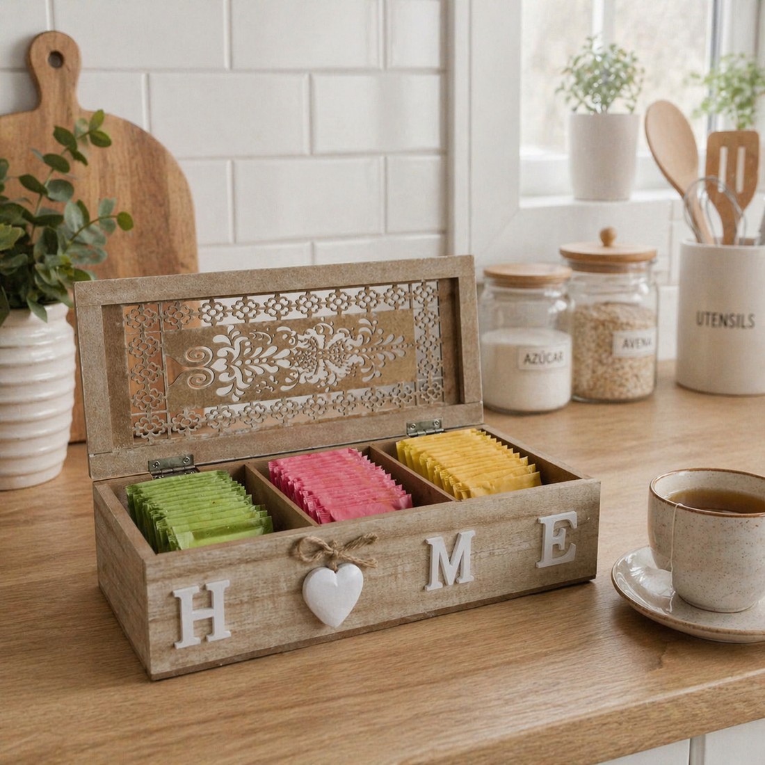 Caja Organizadora de Té “HOME” de Madera 3 espacios