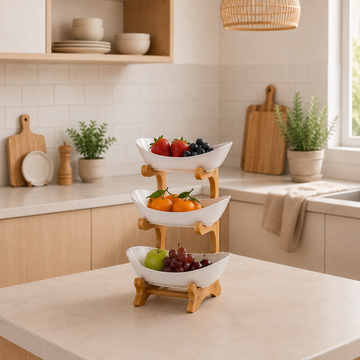 Frutero de 3 Niveles con Base de Bambú