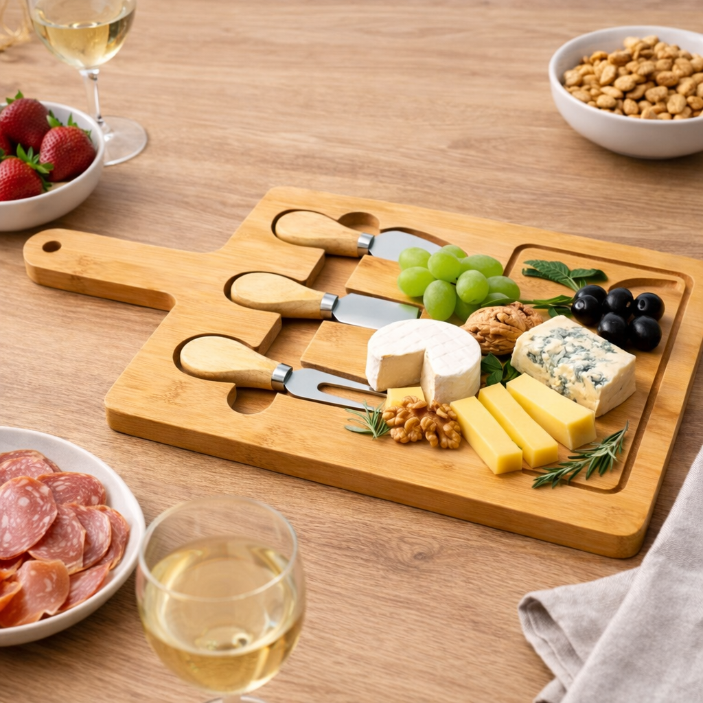 Tabla de Quesos de Bambú con Utensilios