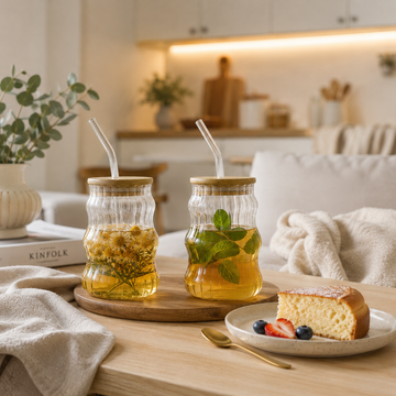 Vaso de Vidrio Borosilicato con tapa de bambú y sorbete 500ml