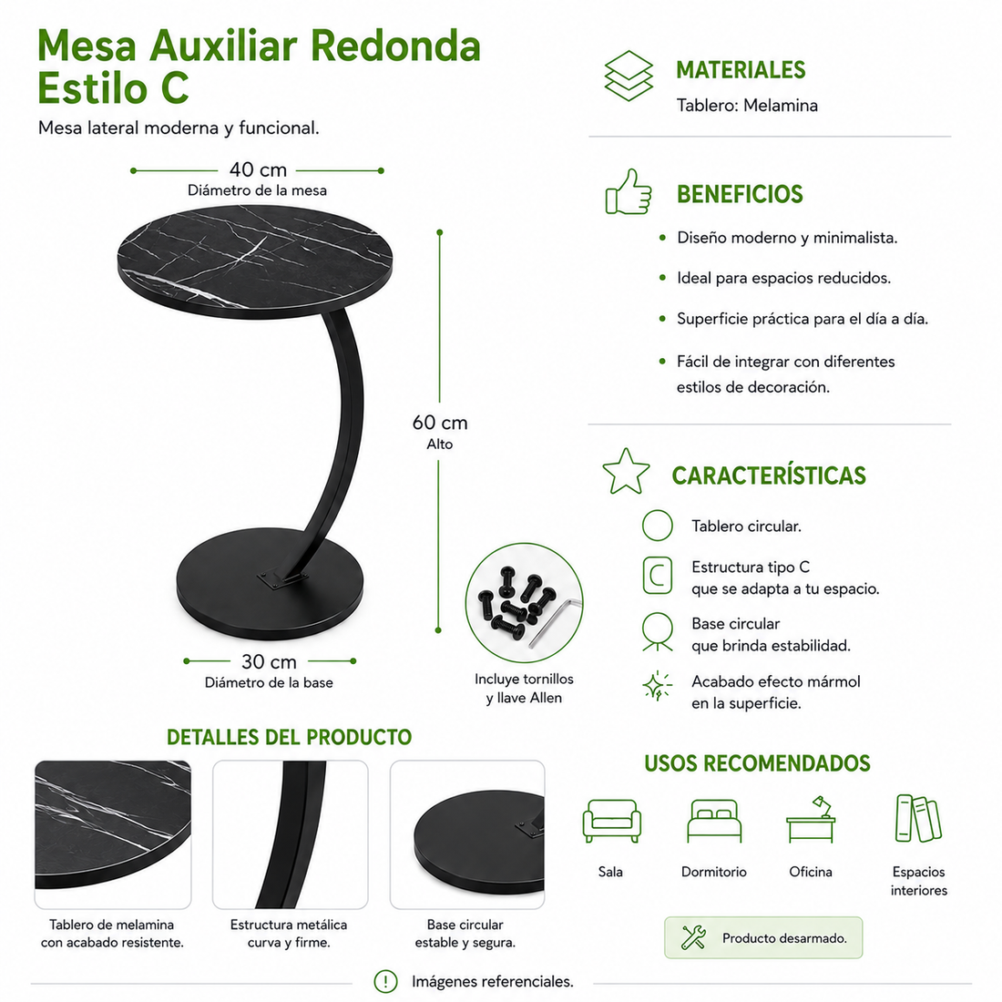 Mesa Auxiliar Redonda Negro Estilo C