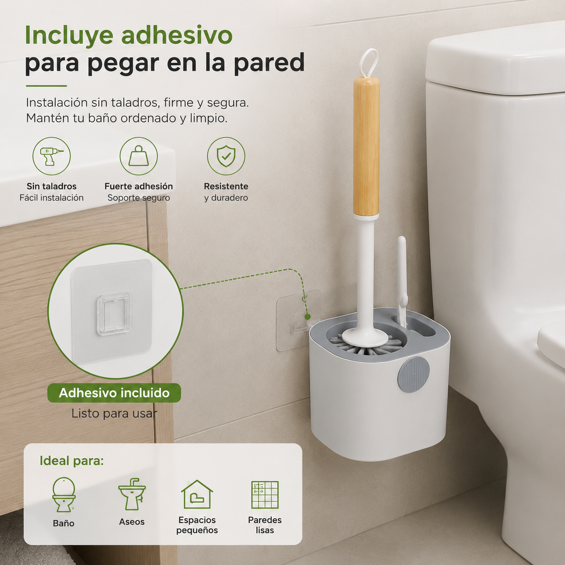 Escobilla para Inodoro con Base Colgante y Adhesivo de Pared