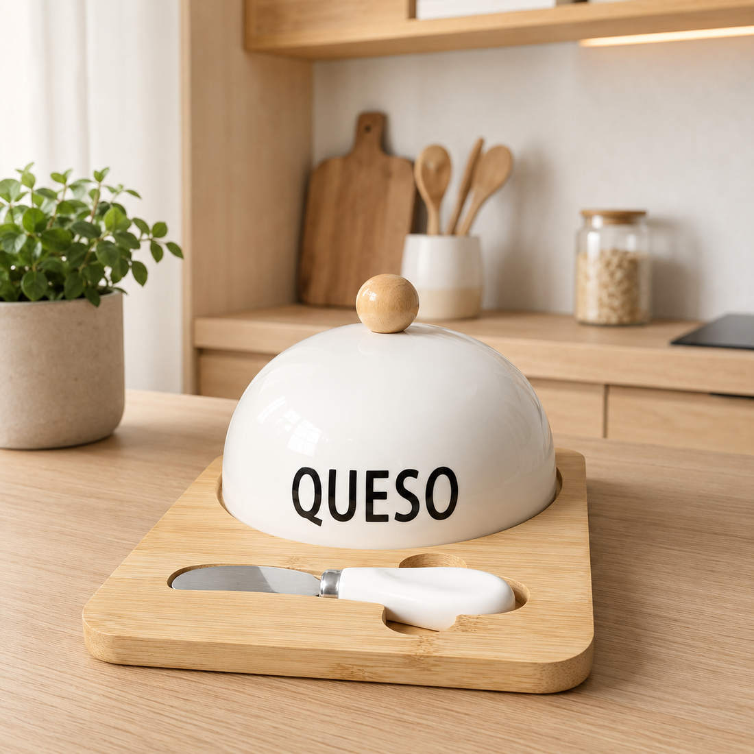 Quesera con Base de Bambú y Cuchillo