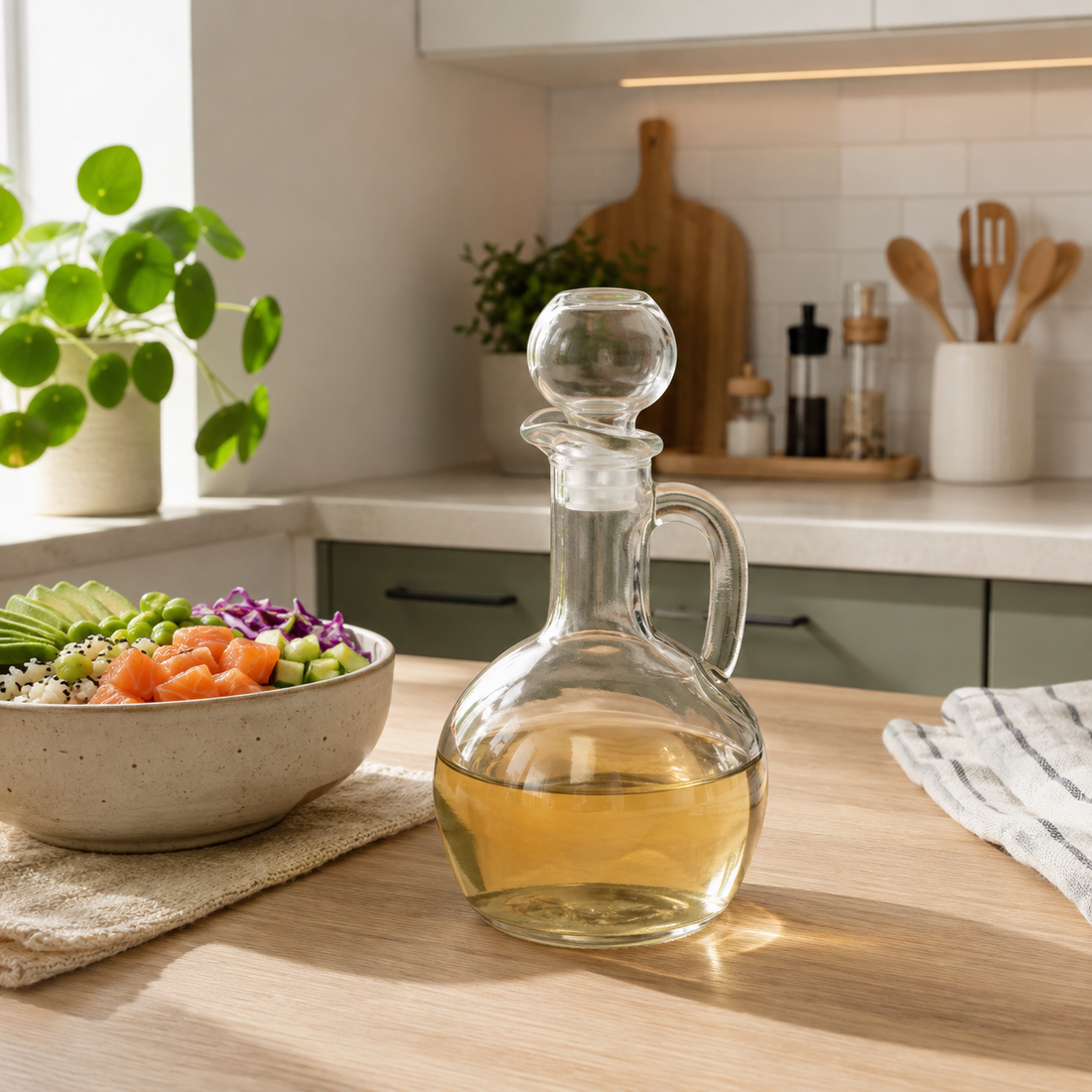 Aceitera / Vinagrera de Vidrio con Asa y Tapón