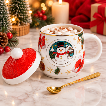 Taza Blanca Navideña de Cerámica con Tapa y Cucharita