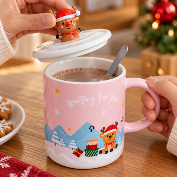 Taza Navideña de Cerámica con Tapa de Reno y Cucharita