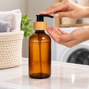 Dispensador de Vidrio Ámbar con Cuello de Bambú