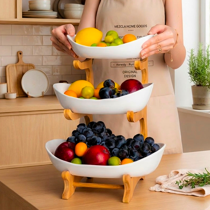 Frutero de 3 Niveles con Base de Bambú