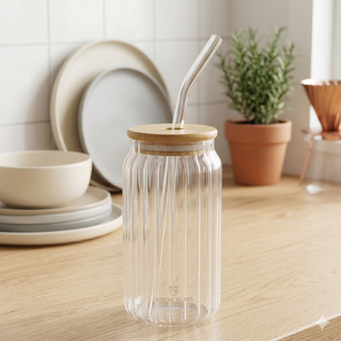 Vaso de Vidrio Estriado con Tapa de Bambú