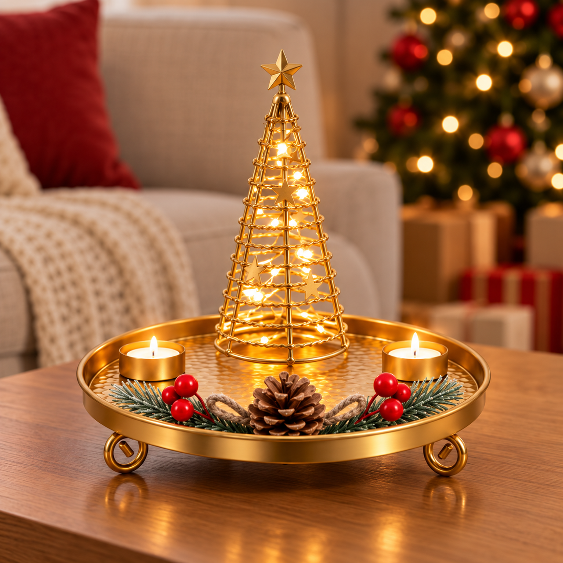 Bandeja Navideña Decorativa con Árbol LED y Portavelas