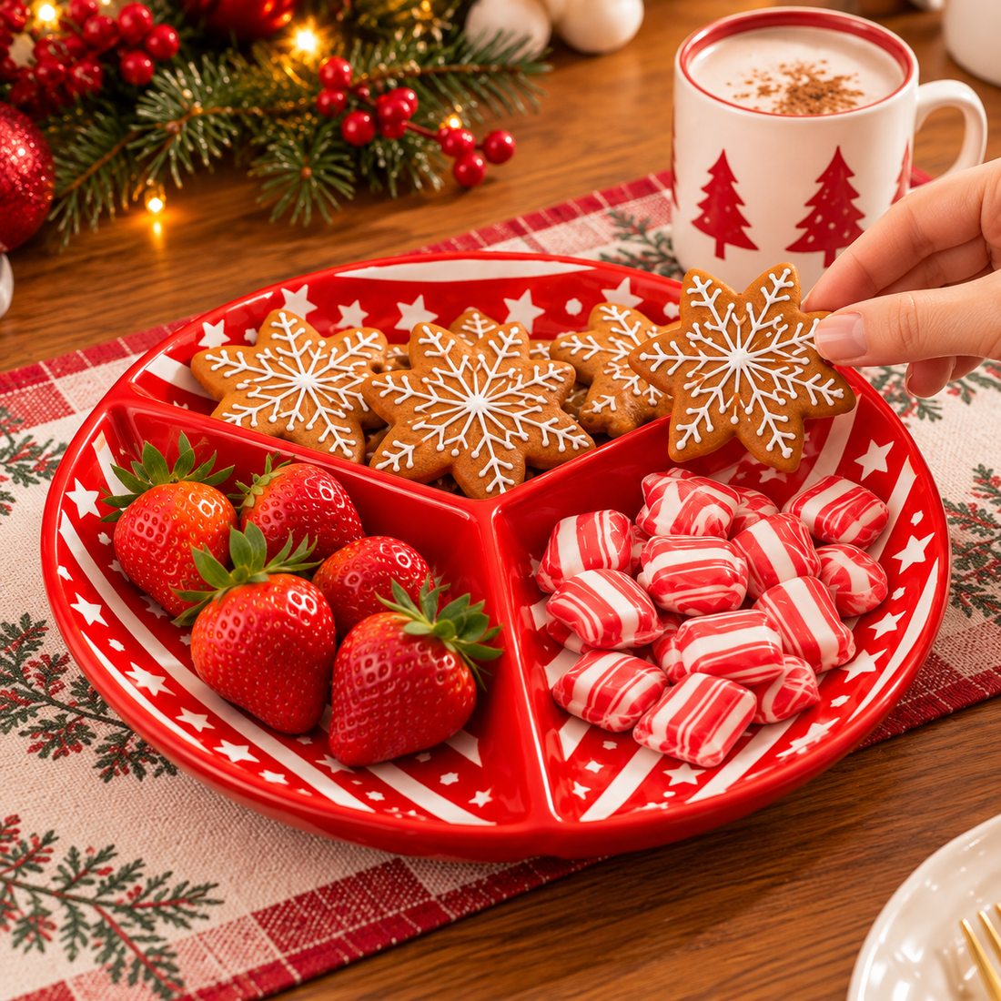 Plato Navideño de Cerámica con 3 Divisiones – 28 cm