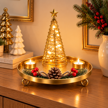 Bandeja Navideña Decorativa con Árbol LED y Portavelas