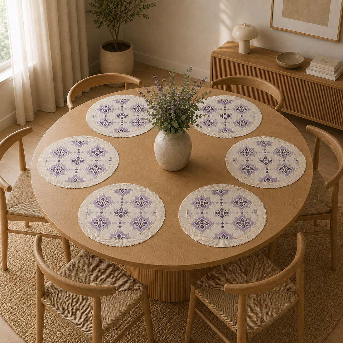 Individual Redondo Floral con Flecos Pack x6