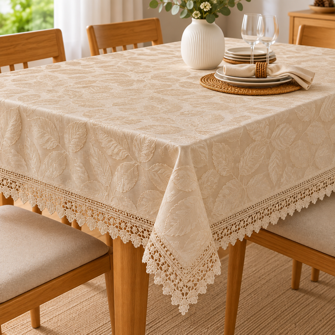 Mantel de Mesa con Diseño de Hojas y Encaje