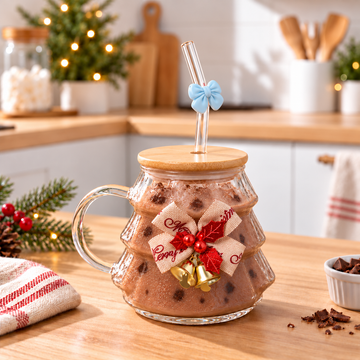 Taza Navideña de Vidrio con Tapa de Bambú y Sorbete  Diseño Árbol