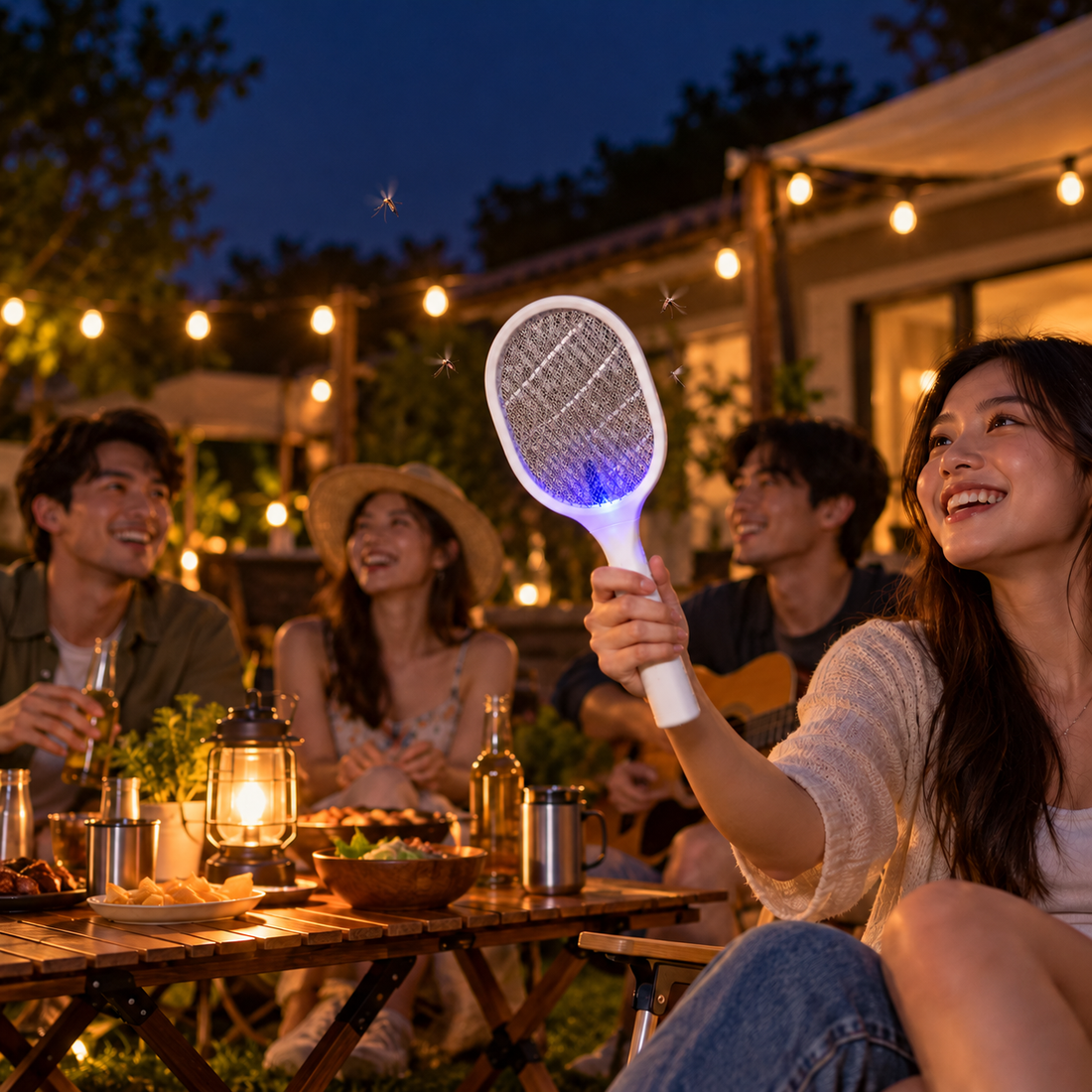 Raqueta Eléctrica Matamosquitos Recargable con Luz UV y Base