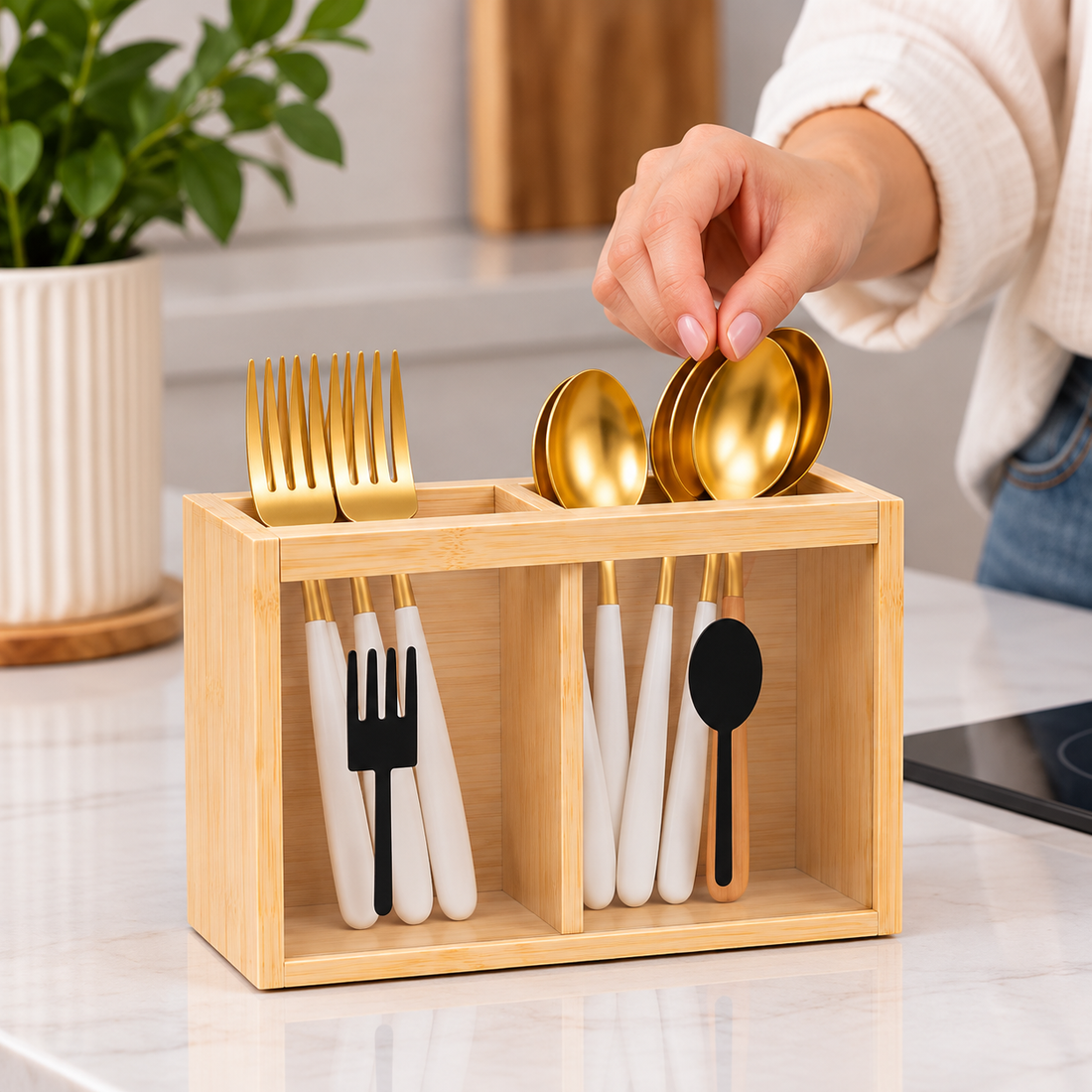 Organizador de Cubiertos de Madera con 2 Compartimentos