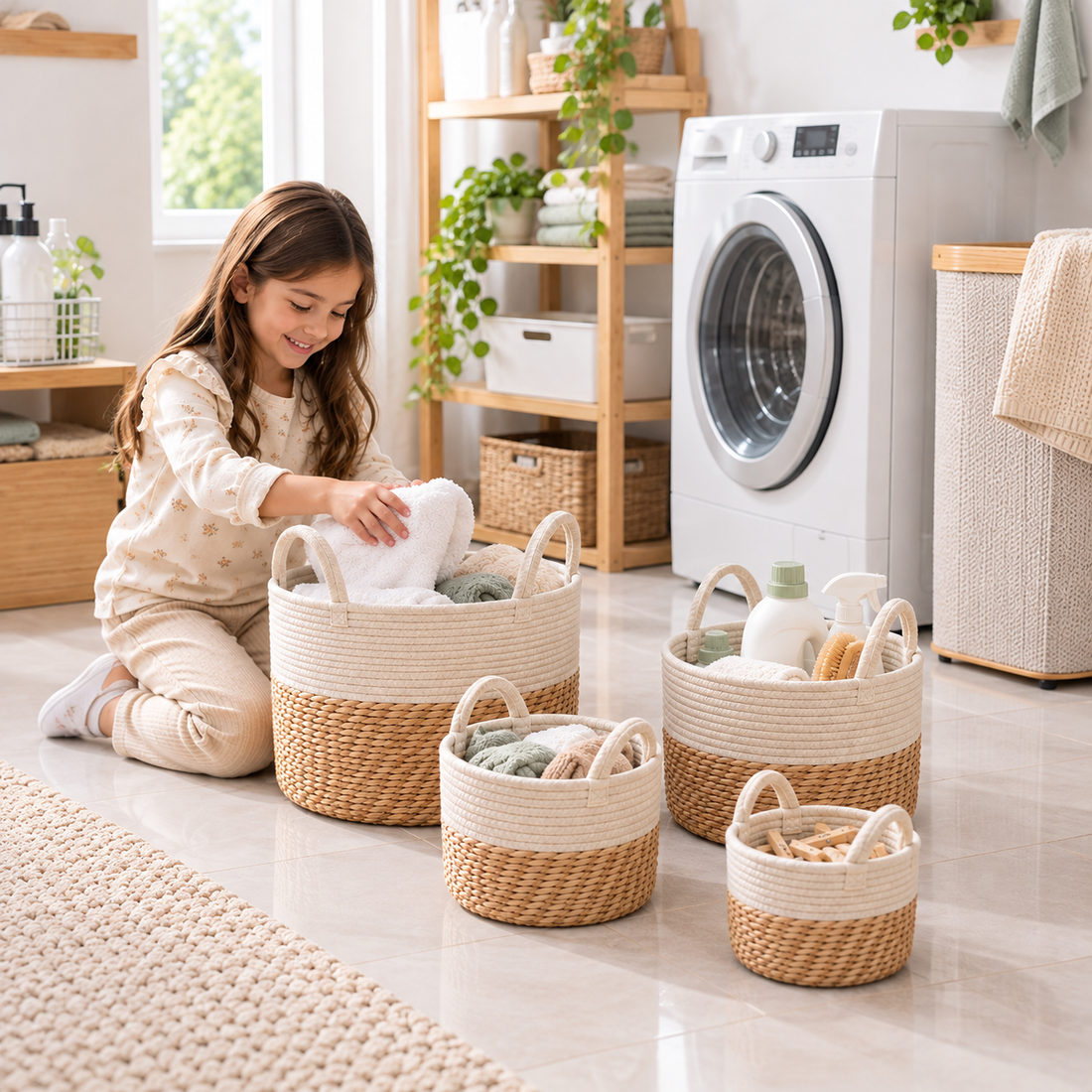 Set de 4 Cestas Organizadoras de Yute y Algodón con Asas