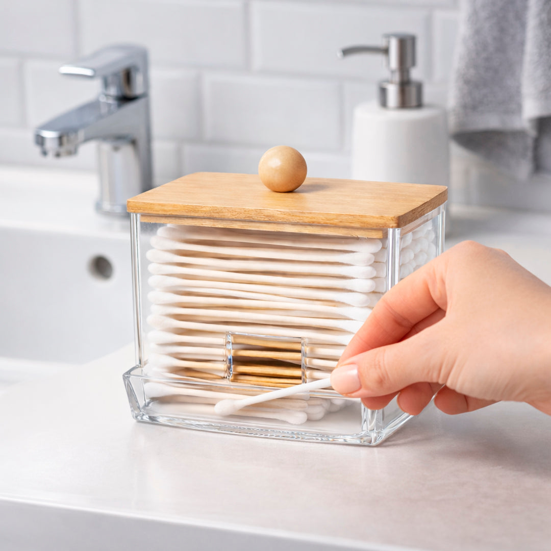 Dispensador de Hisopos de Acrílico con Tapa de Bambú