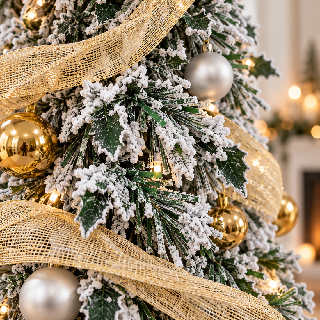 Árbol Nevado de Navidad Plegable Retráctil Decorado Dorado