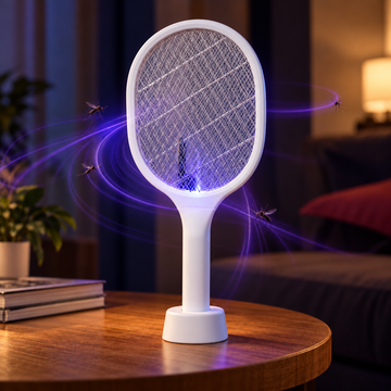 Raqueta Eléctrica Matamosquitos Recargable con Luz UV y Base