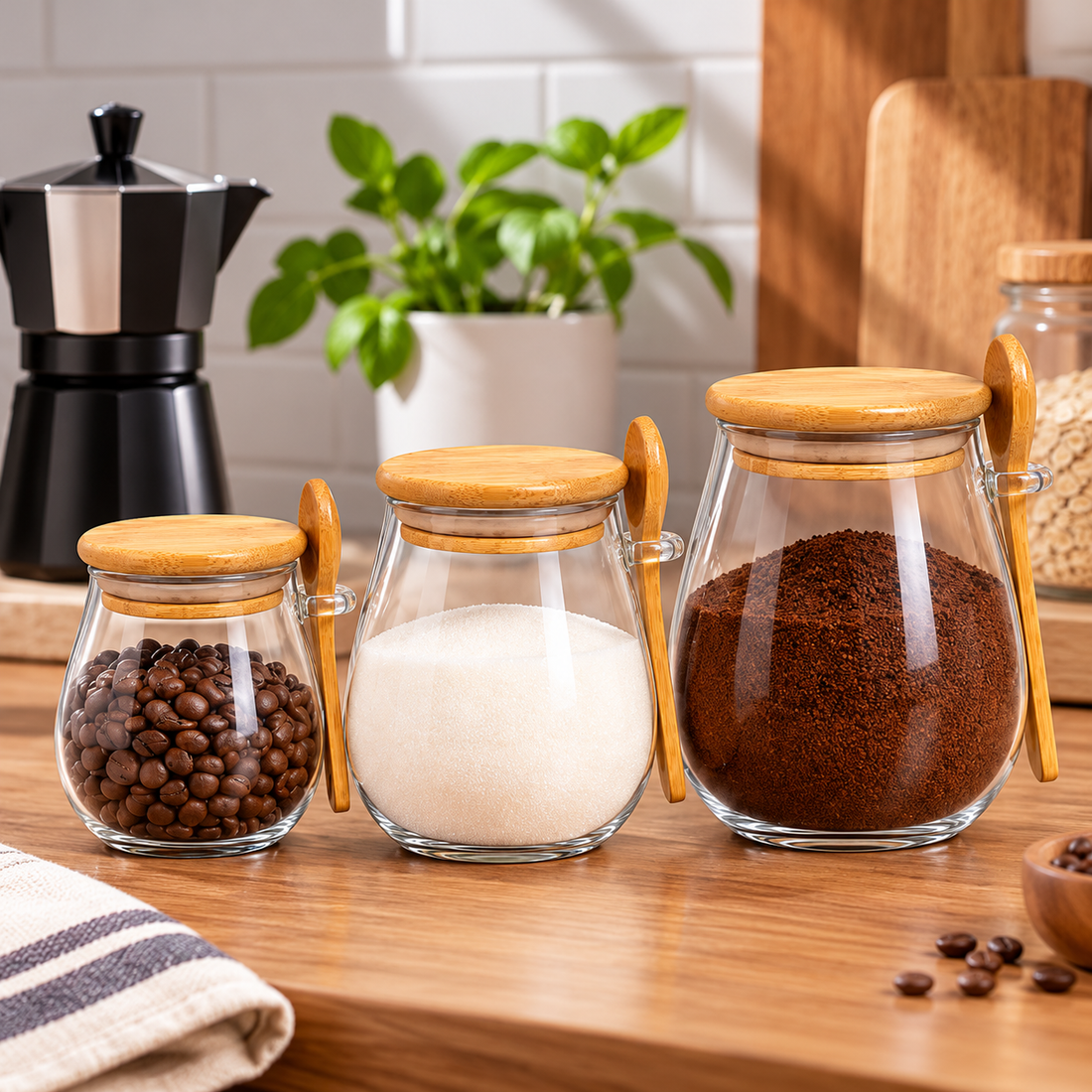 Frasco de Vidrio con Tapa de Bambú y Cuchara