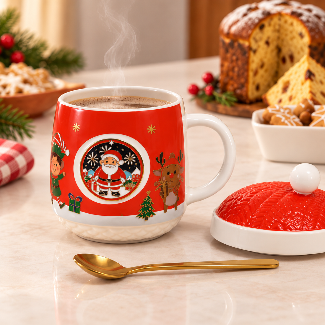 Taza Roja Navideña de Cerámica con Tapa y Cucharita