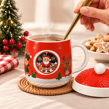 Taza Roja Navideña de Cerámica con Tapa y Cucharita