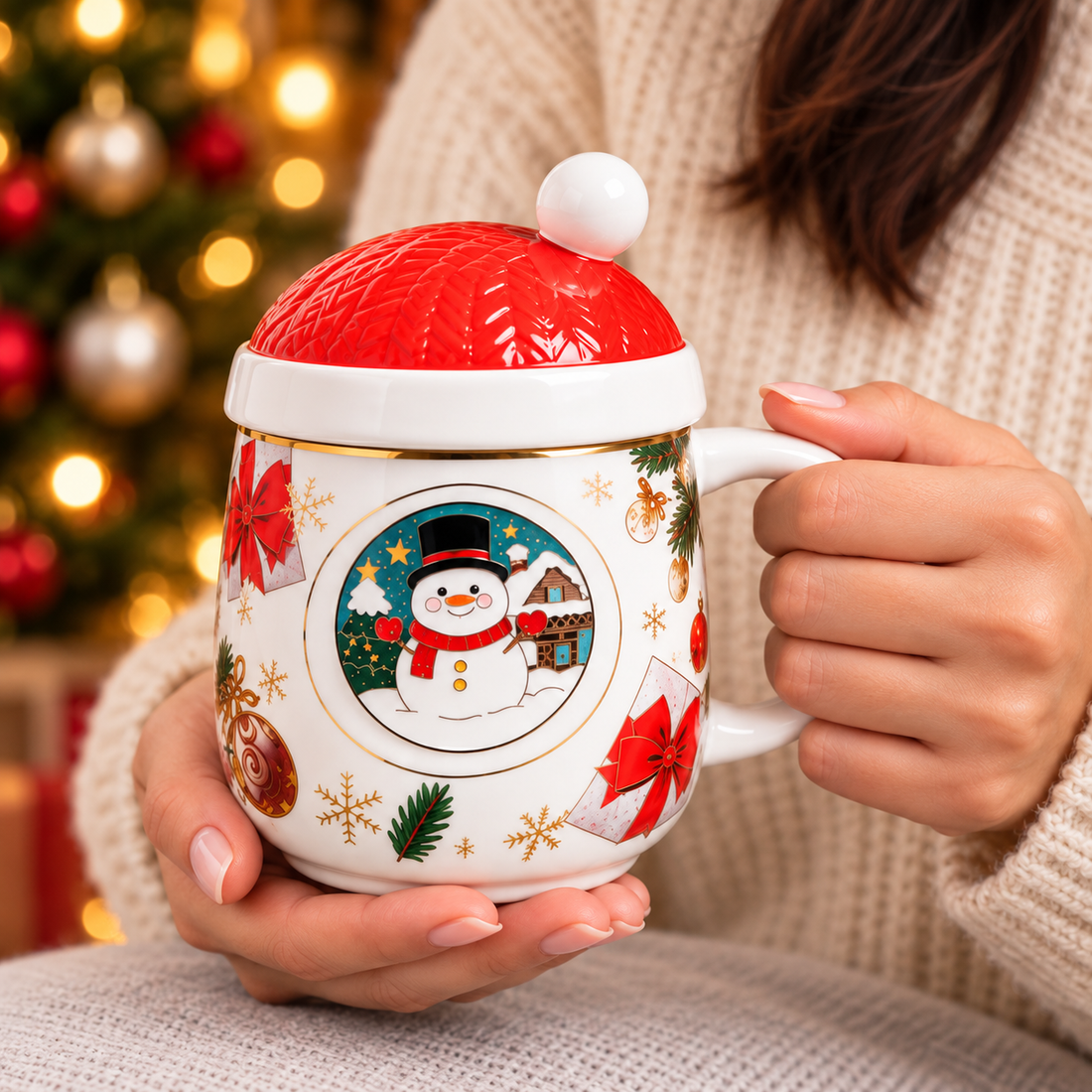 Taza Blanca Navideña de Cerámica con Tapa y Cucharita