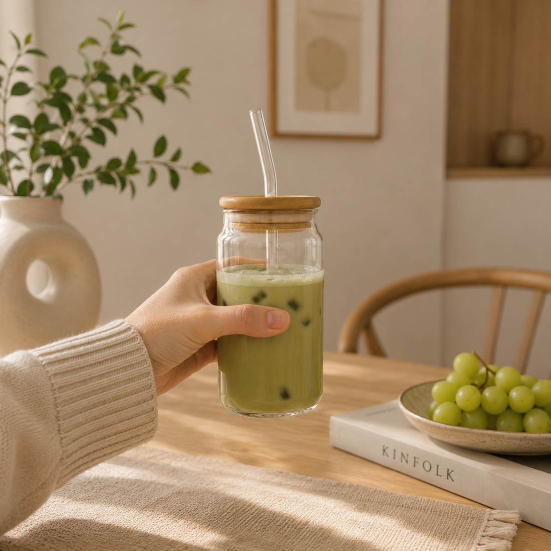 Vaso de Vidrio Borosilicato con tapa de bambú y Sorbete 550 ml