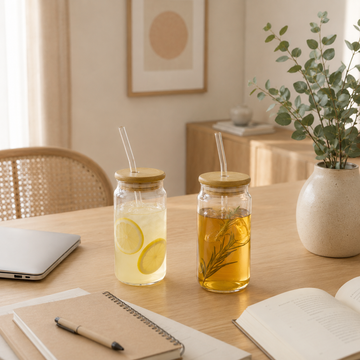 Vaso de Vidrio Borosilicato con tapa de bambú y Sorbete 550 ml